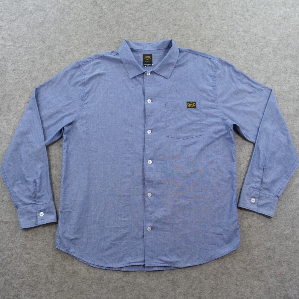 RVCA Shirt Mens Extra Large Blue Chambray Long Sleeve Button Front Pocket